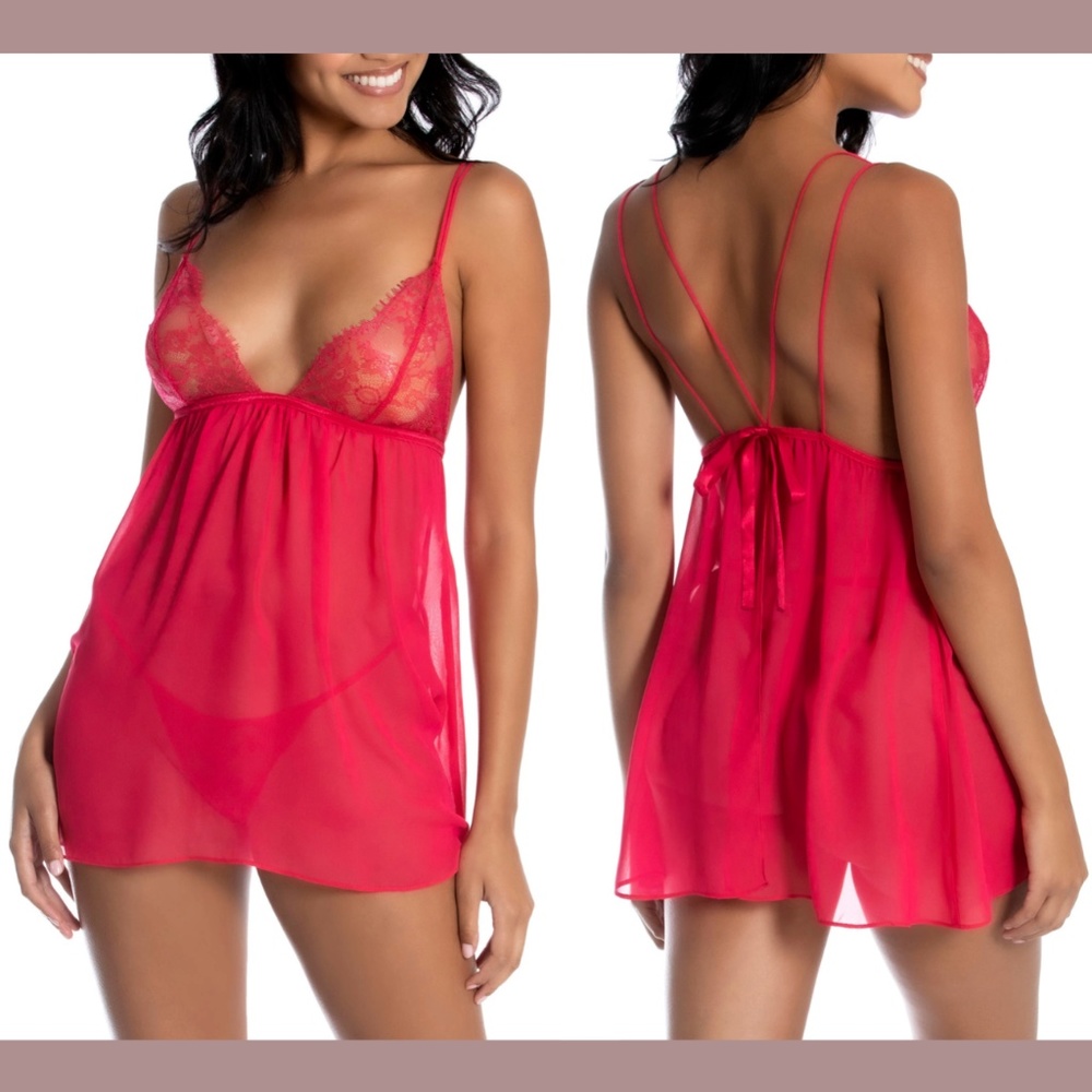 NWD‎ In Bloom by Jonquil [ XS ] Heidi Babydoll Chemise & Thong Bright Red